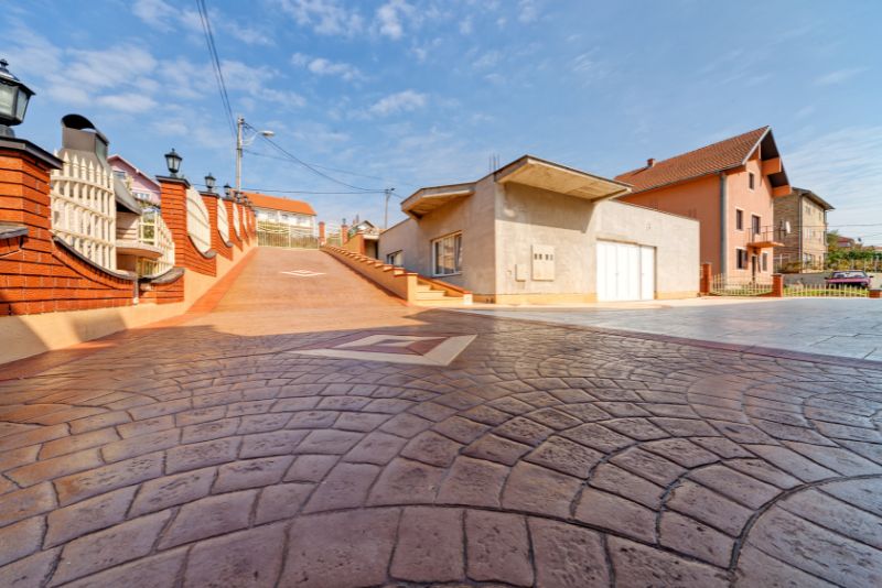 Decorative stamped concrete finish with a stone-look pattern