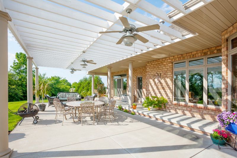 stylish patio with concrete floor and outdoor furniture