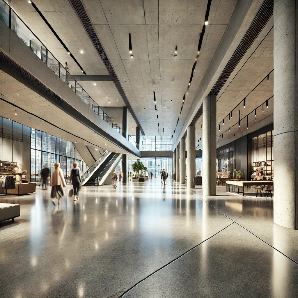 Polished concrete floor in a modern commercial retail space with decorative saw cuts
