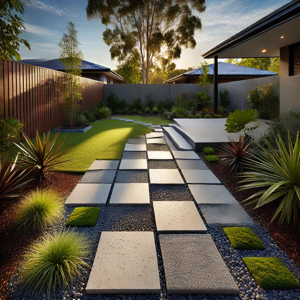 Curving garden pathway with exposed aggregate and stamped concrete slabs in a Logan backyard