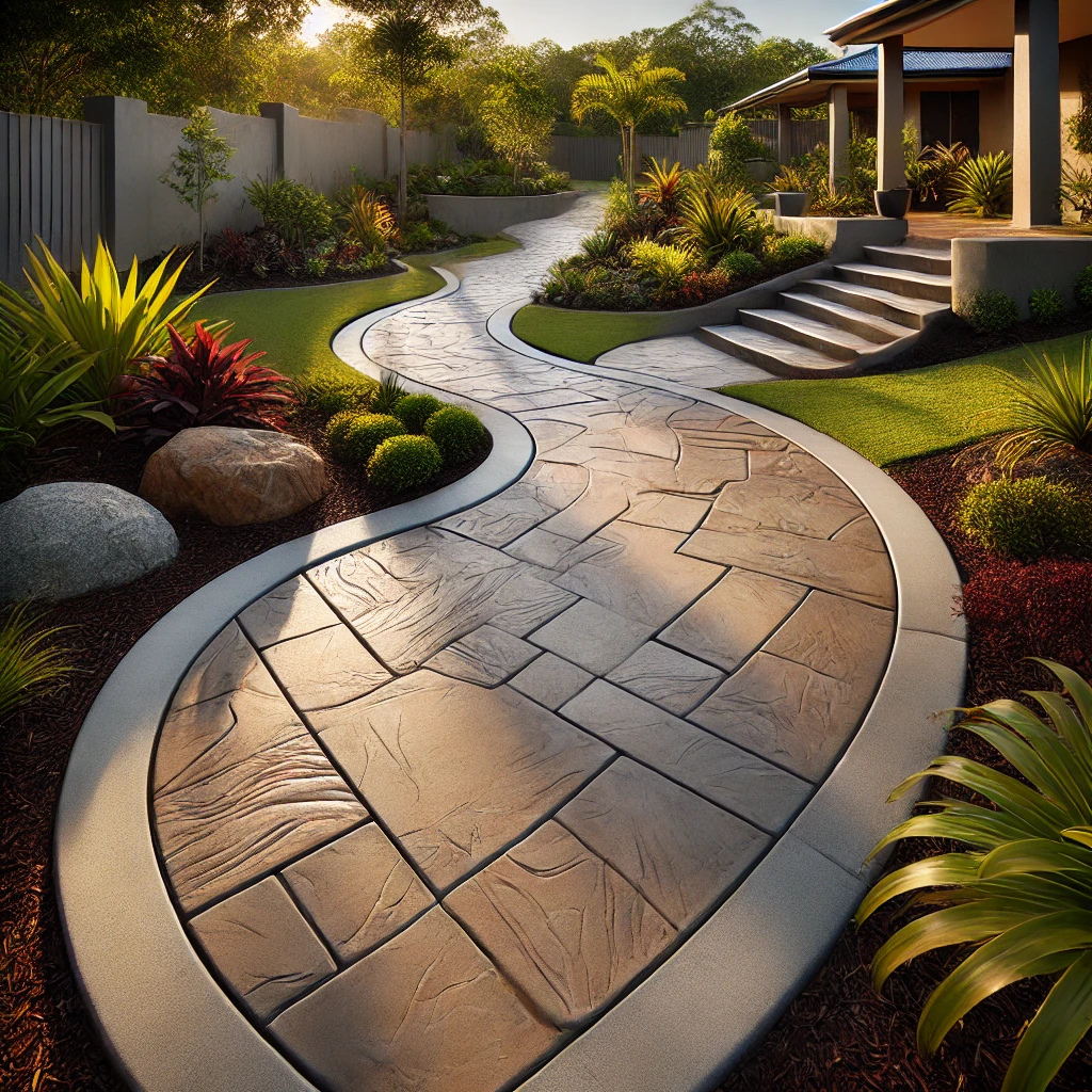Stamped concrete footpath in sandstone tones winding through a landscaped garden