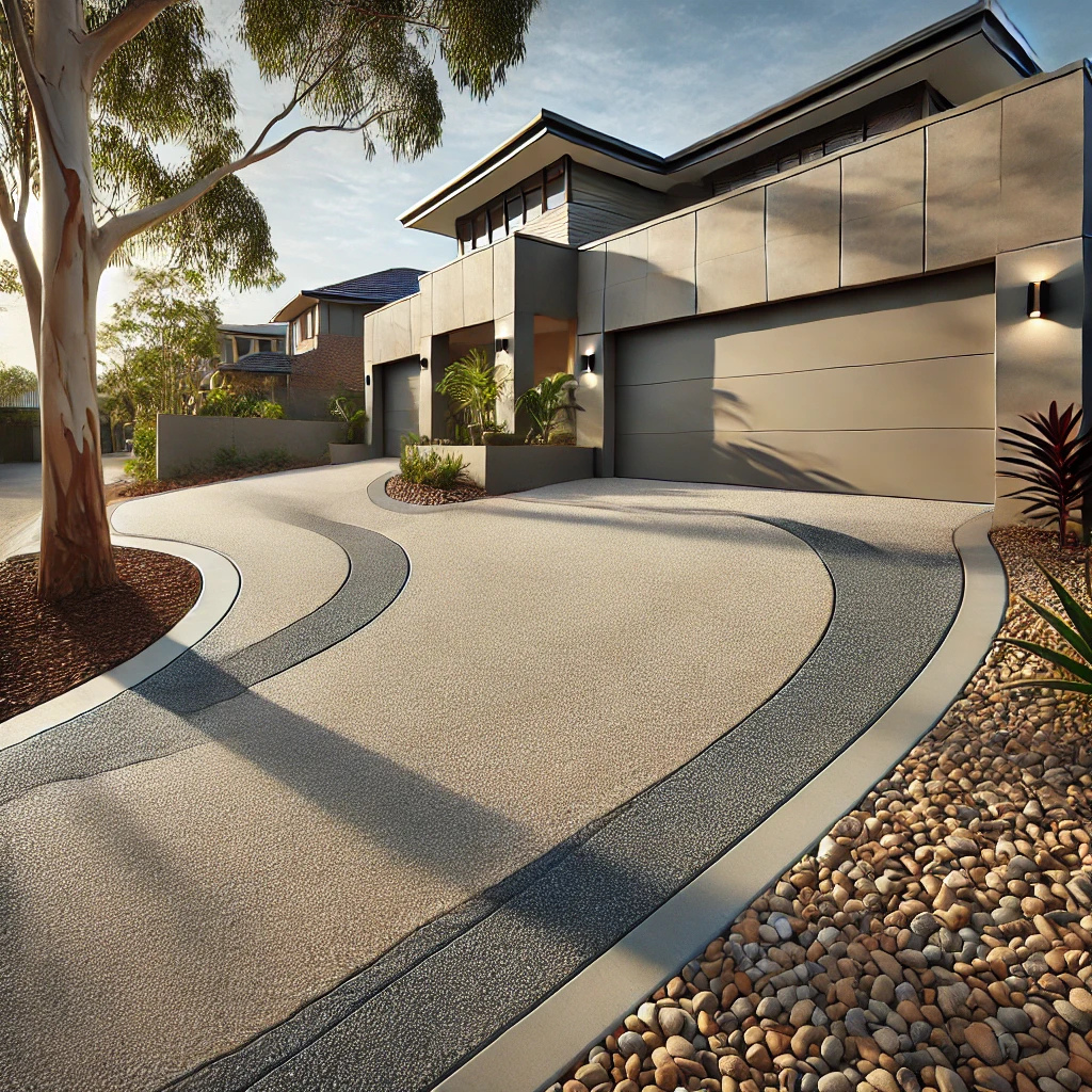 Curved exposed aggregate concrete driveway leading to a modern double-garage home
