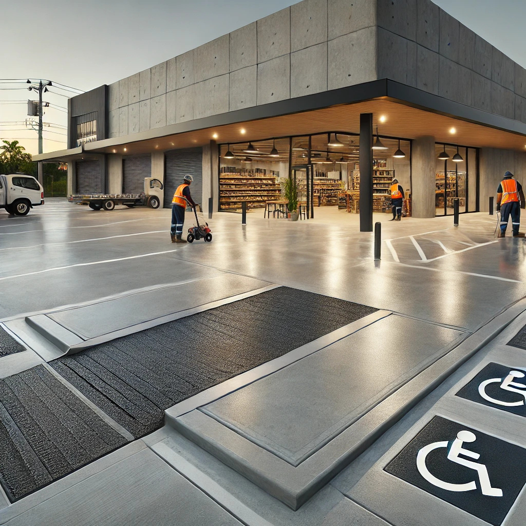 Professional photograph of a modern commercial plaza in Queensland featuring a polished concrete parking area with clear line markings, wheelchair-accessible ramps, and workers in branded uniforms performing maintenance during off-hours, with retail storefronts in view.