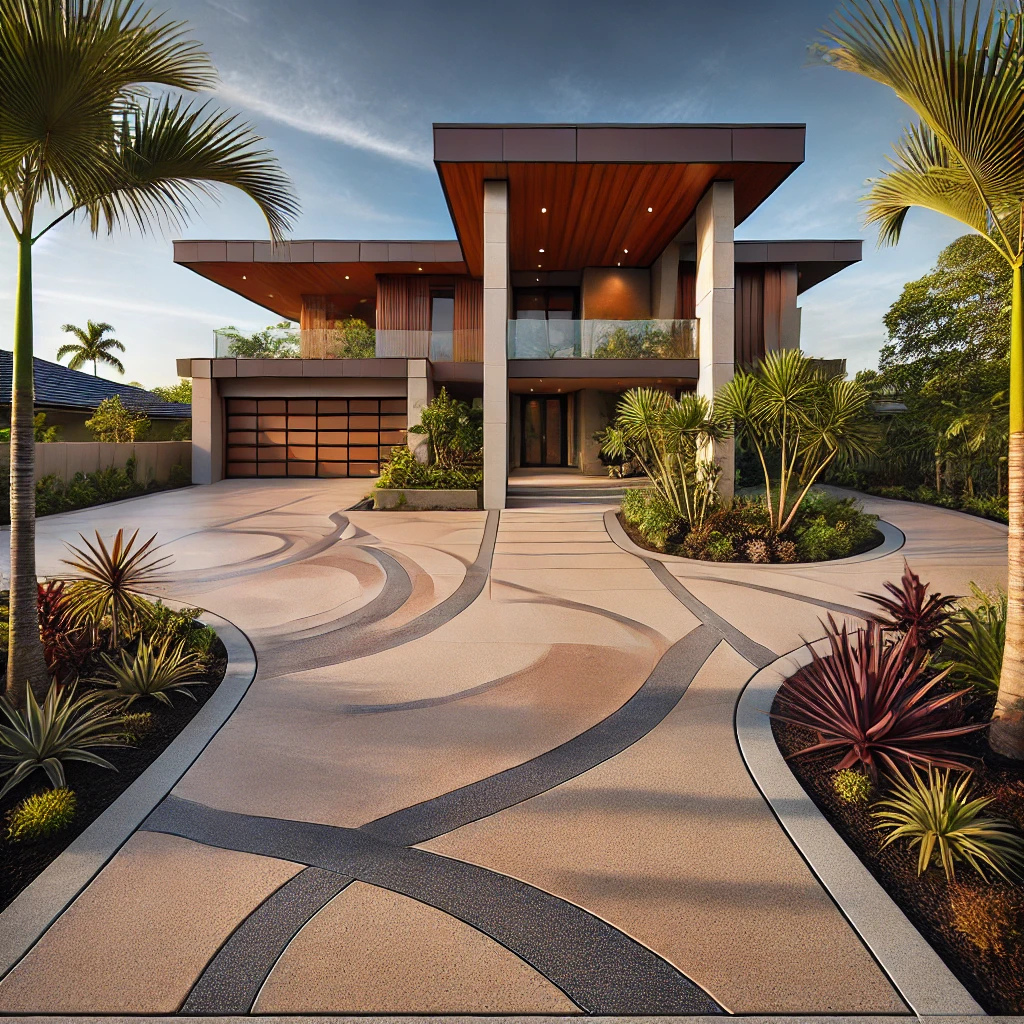 High-quality photograph of a modern Queensland home featuring an exposed aggregate concrete driveway with decorative patterns, warm earth tones, tropical landscaping with palm trees, and a curved front walkway, captured under a clear blue sky.
