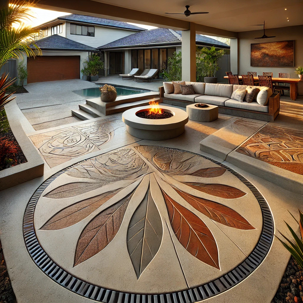 Close-up photograph of a high-end residential outdoor living space in Queensland, featuring a stamped concrete patio with an intricate leaf pattern, an exposed aggregate section, a decorative concrete fire pit, and a restored pathway with protective sealing, framed by native Australian plants in golden hour lighting.