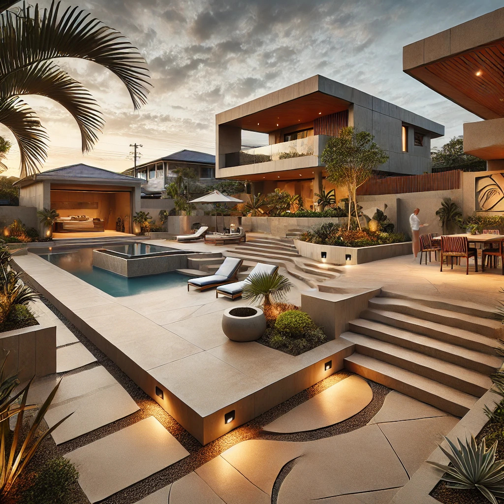 Landscaped concrete pool deck and outdoor entertaining area at a two-storey home