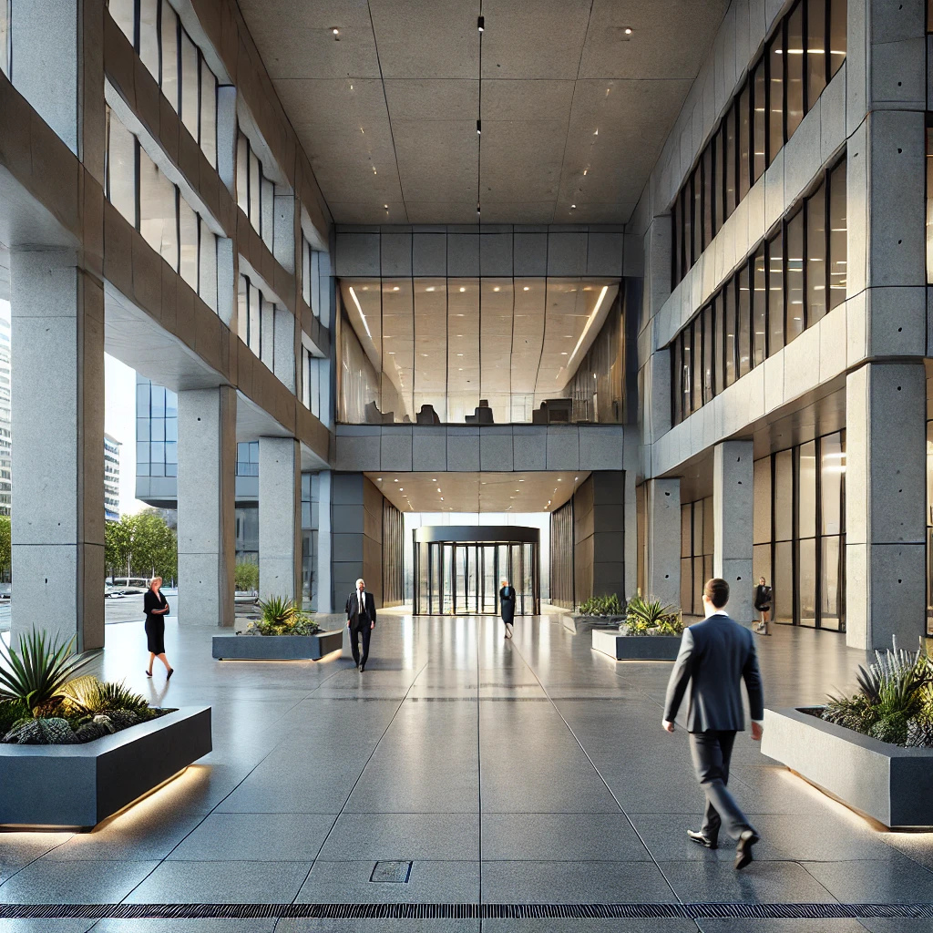 Polished commercial concrete plaza at a Shailer Park business complex