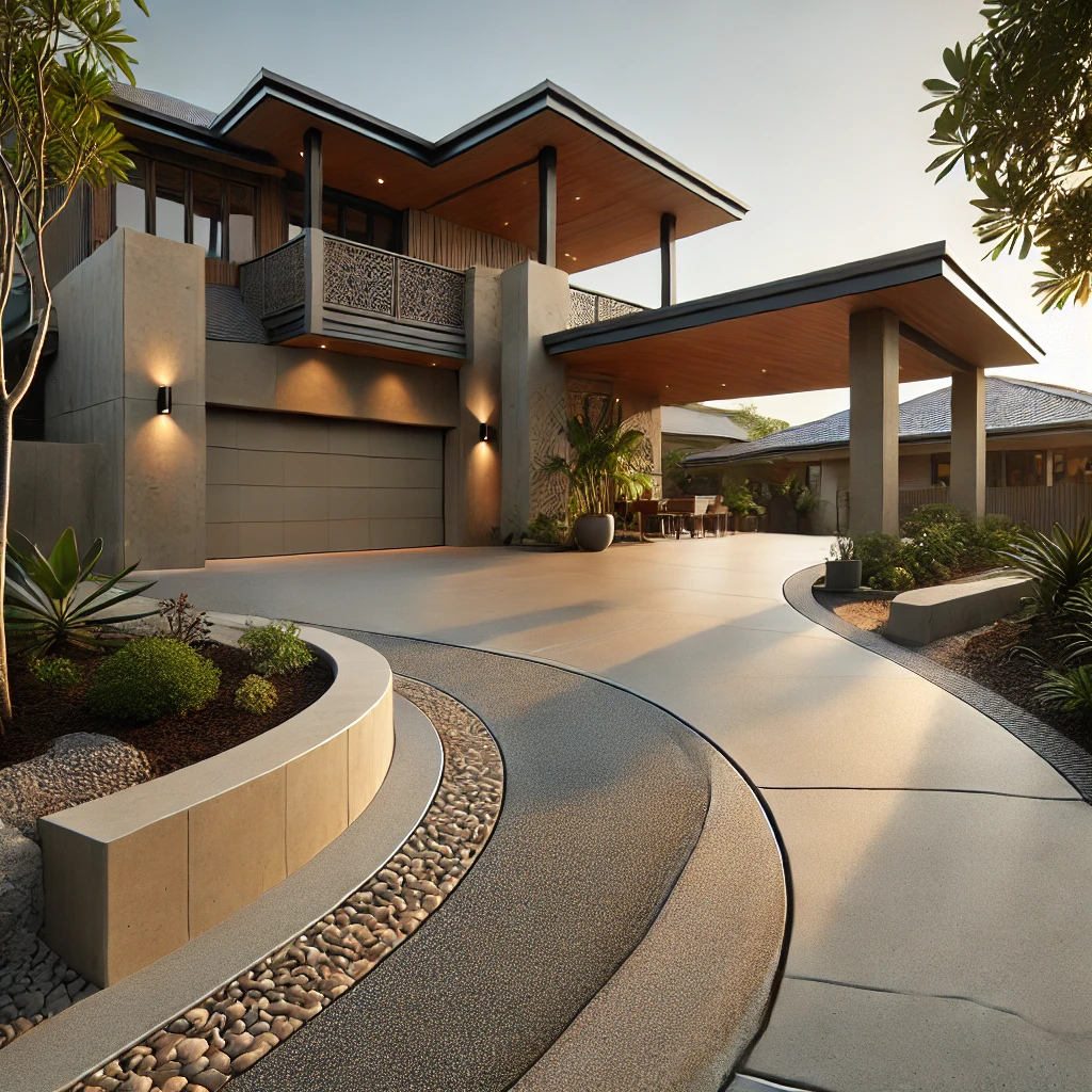 Exposed aggregate driveway curving toward a modern Shailer Park home