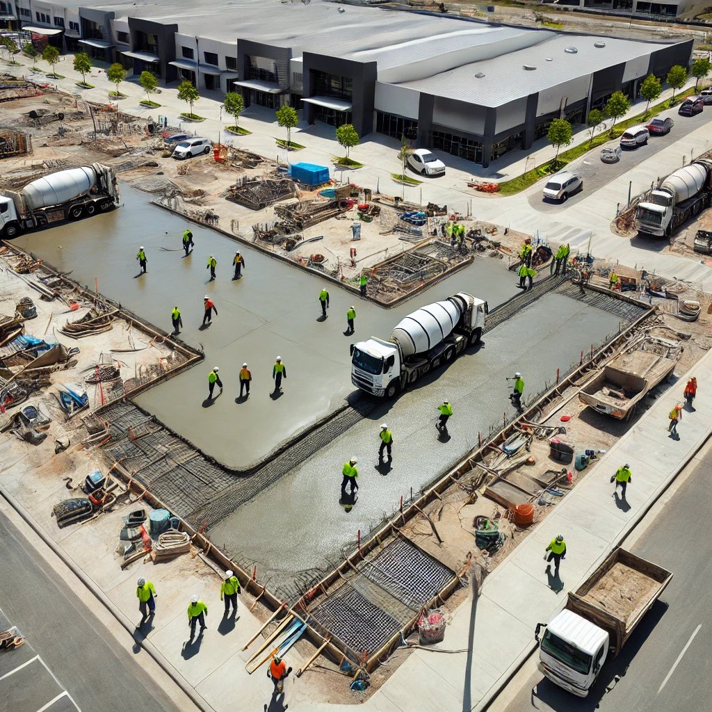Completed commercial concrete parking area and walkway at a Waterford QLD business site
