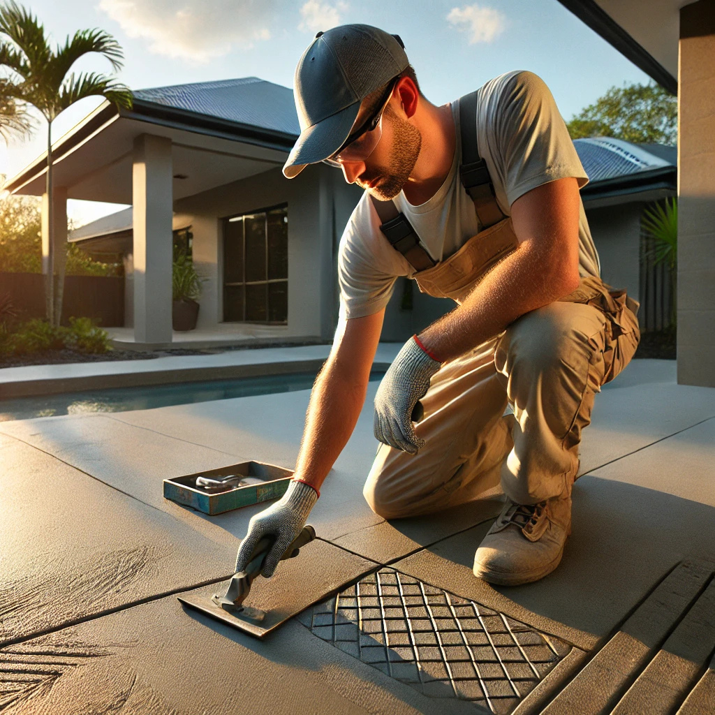 Professional concrete contractor in Waterford, QLD, repairing a cracked driveway under bright Queensland sunlight, highlighting the contrast between damaged and restored sections, with a modern Queensland-style home and palm trees in the background.