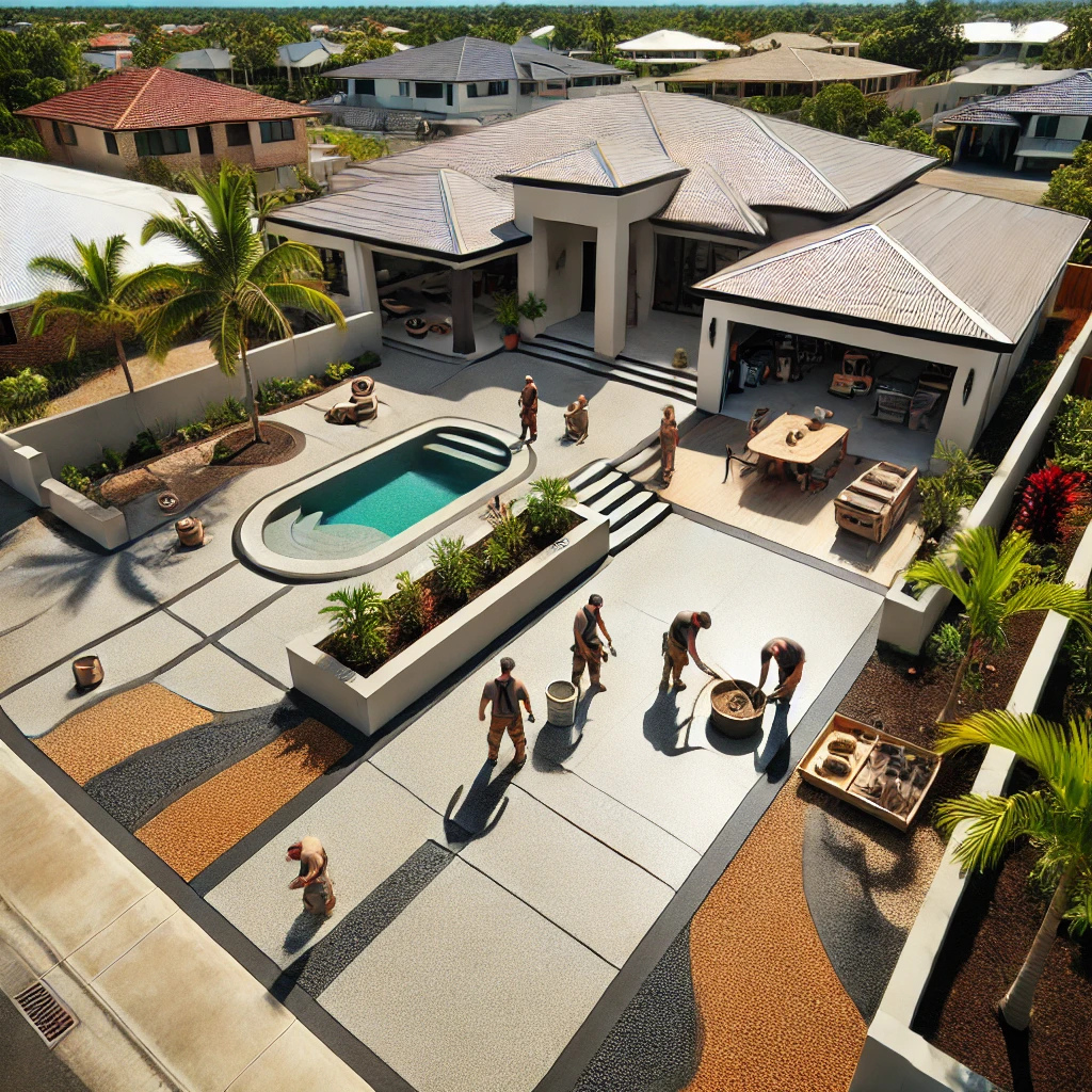 Overhead view of a newly completed exposed aggregate driveway leading to a modern Queensland home in Waterford, featuring a decorative concrete patio, UV-resistant sealant, tropical landscaping, and professional contractors adding final touches.