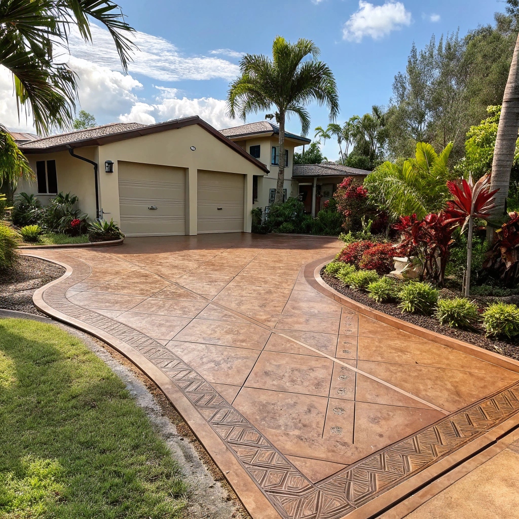Custom stamped concrete driveway installation in Daisy Hill residential neighborhood
