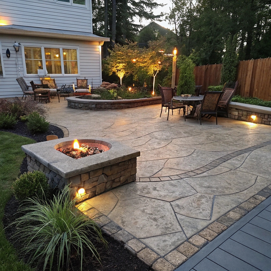 Decorative stamped concrete patio with outdoor living features in Daisy Hill