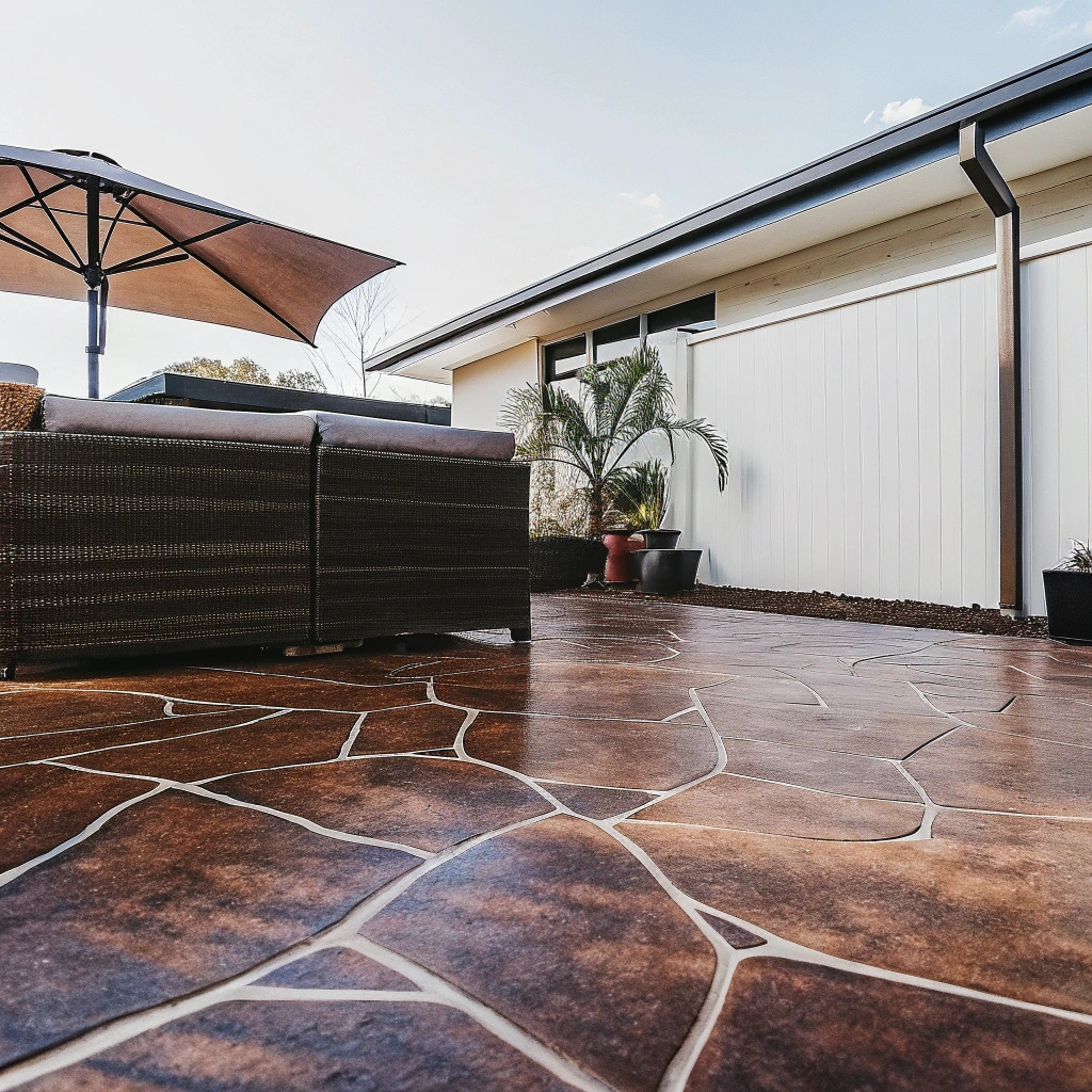 Custom stamped concrete patio with outdoor furniture in a residential backyard