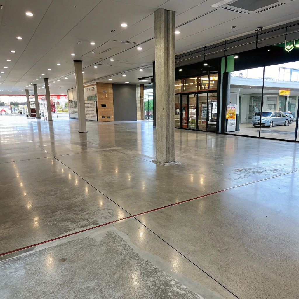 Durable polished concrete flooring in a commercial space designed for high-traffic areas and Queensland's climate