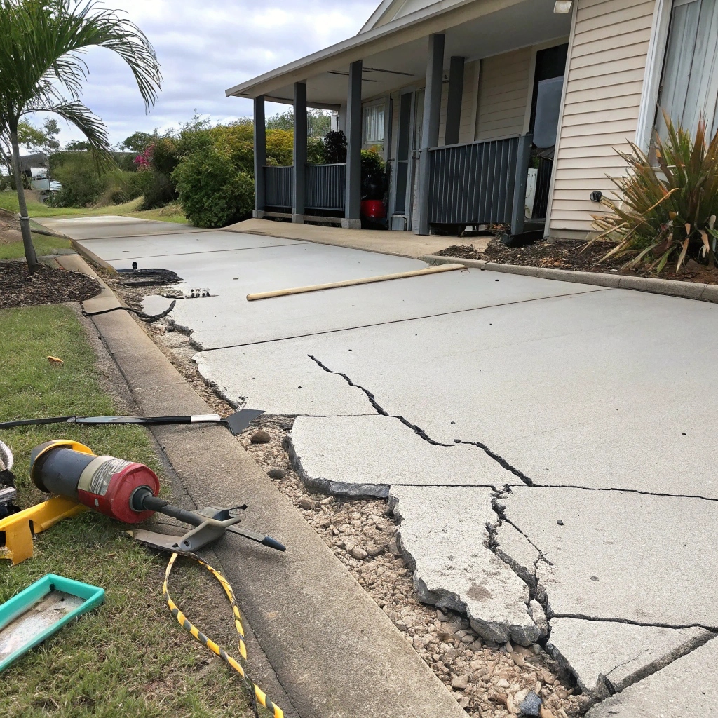 Close-up of weather-resistant concrete repair work on a driveway in Logan Central showing specialized techniques for Queensland's extreme climate