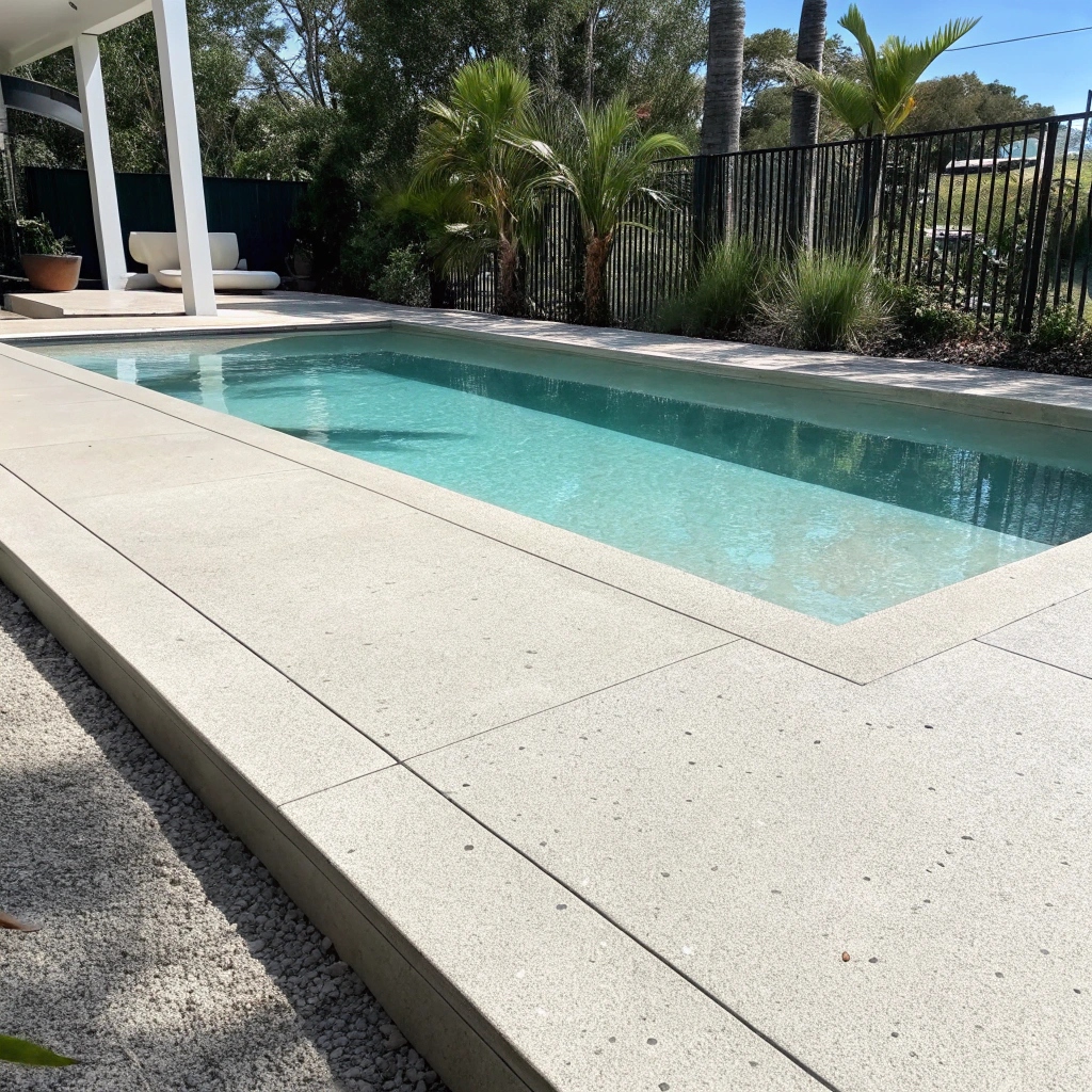 Non-slip concrete pool surround installation in Underwood QLD featuring cool-touch surface and seamless patio integration