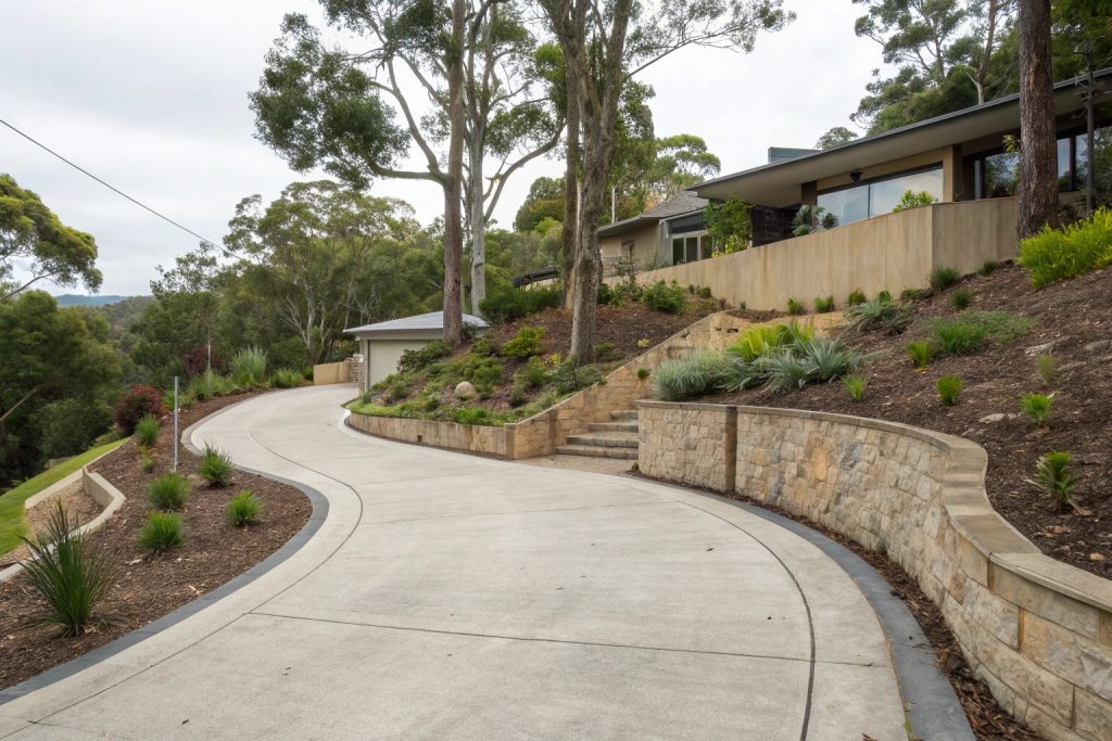 Engineered concrete driveway solution with integrated retaining walls for steep Springwood property access