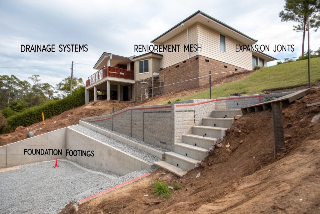 Technical cross-section showing proper drainage and reinforcement techniques for concrete installations on Springwood's sloped properties