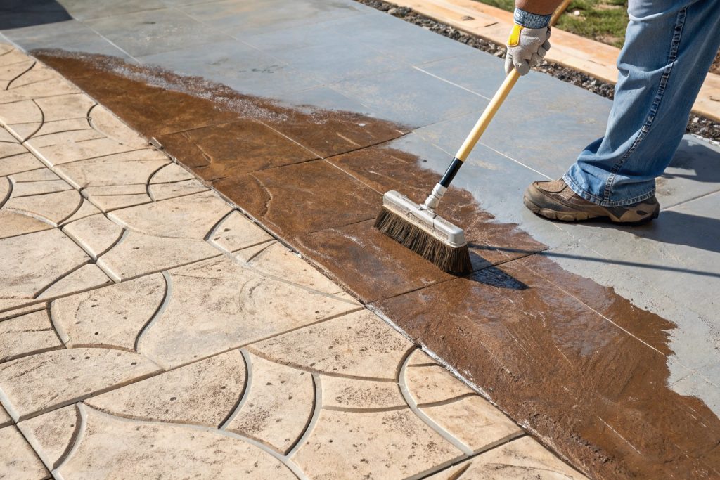 Multi-level exposed aggregate concrete entertainment area in warm earth tones connecting pool to alfresco dining space in Logan home