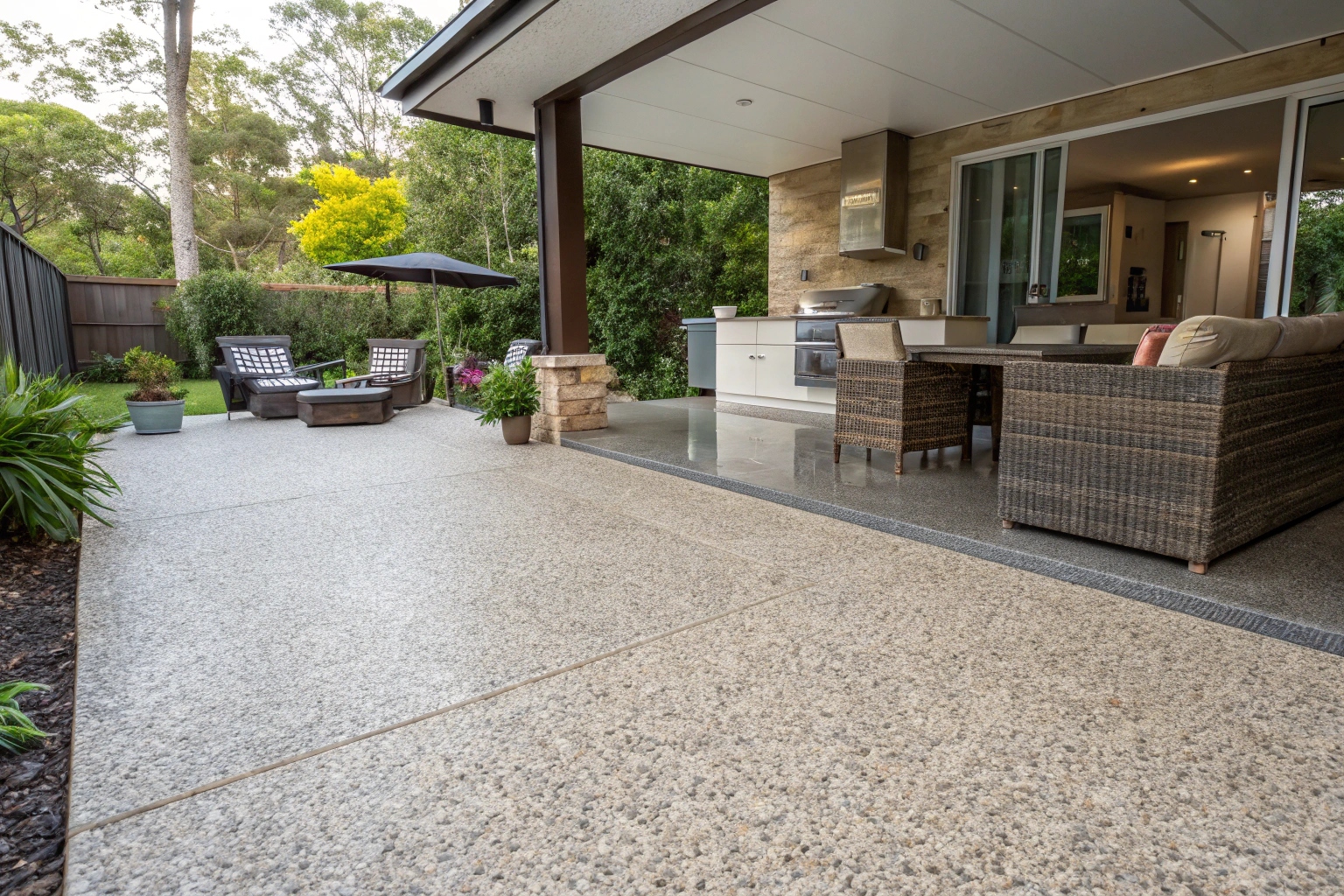 Exposed aggregate concrete patio