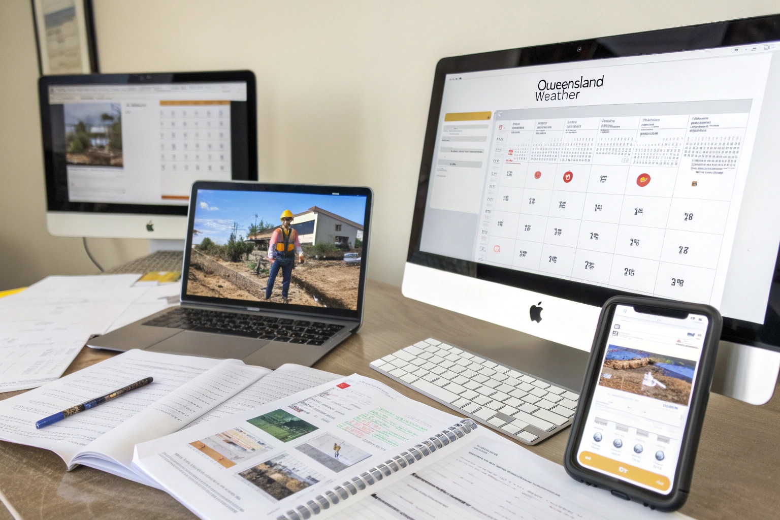 Project management setup showing site plans and schedules