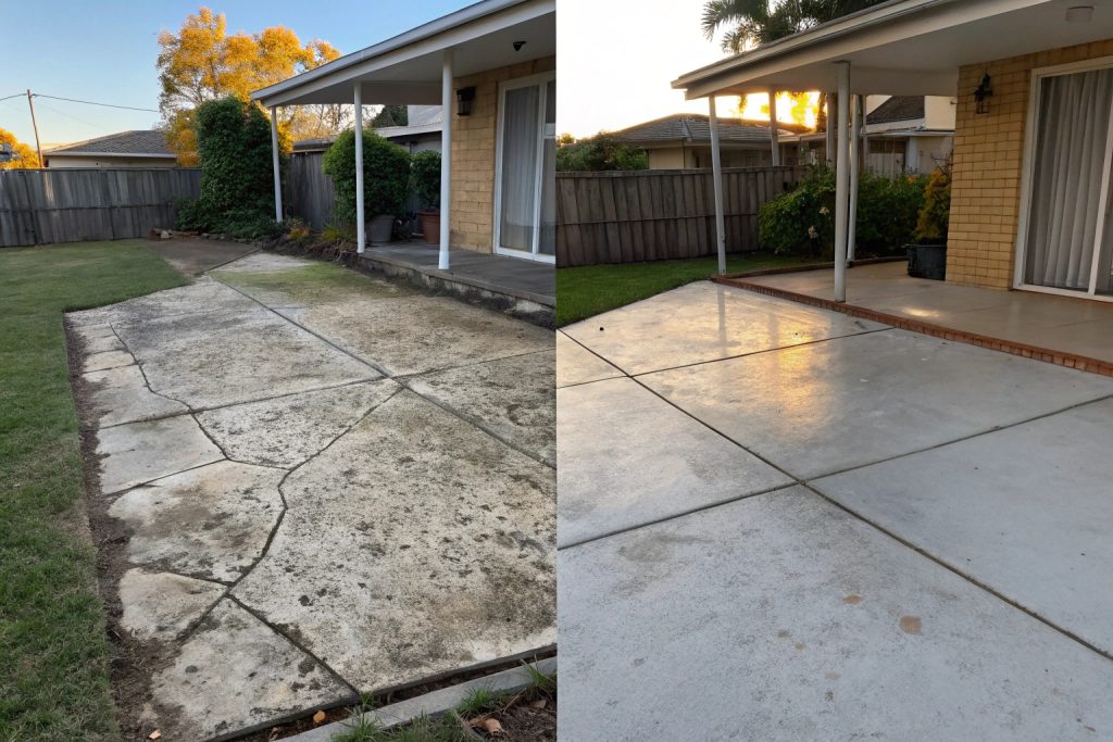 Before and after images of a concrete patio in Woodridge showing transformation from weathered, cracked, and mouldy surface to properly maintained and restored concrete