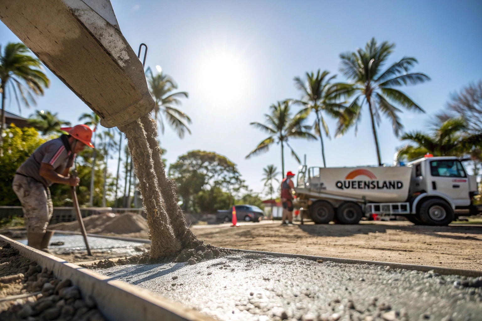 Close-up of concrete being poured with a focus on the pour technique