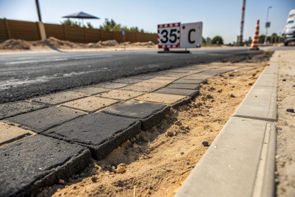Different paving materials showing heat damage in Queensland's extreme summer conditions - asphalt softening, paver sand washing out, while concrete remains stable
