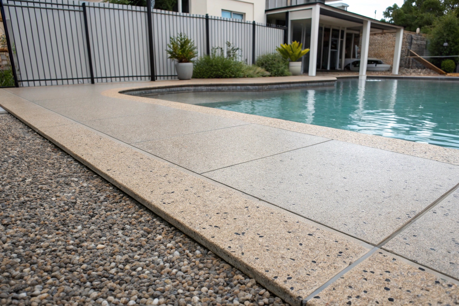 Exposed aggregate concrete surrounding a swimming pool