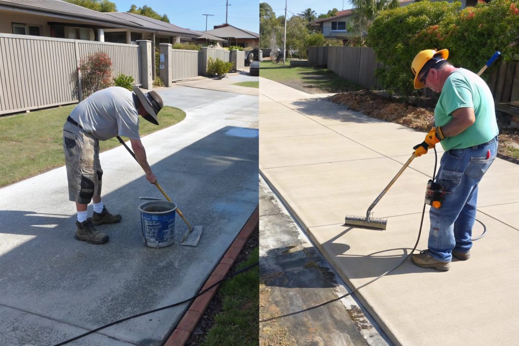 Comparison between DIY concrete maintenance by a homeowner and professional maintenance by Woodridge concrete contractors showing different tools and results