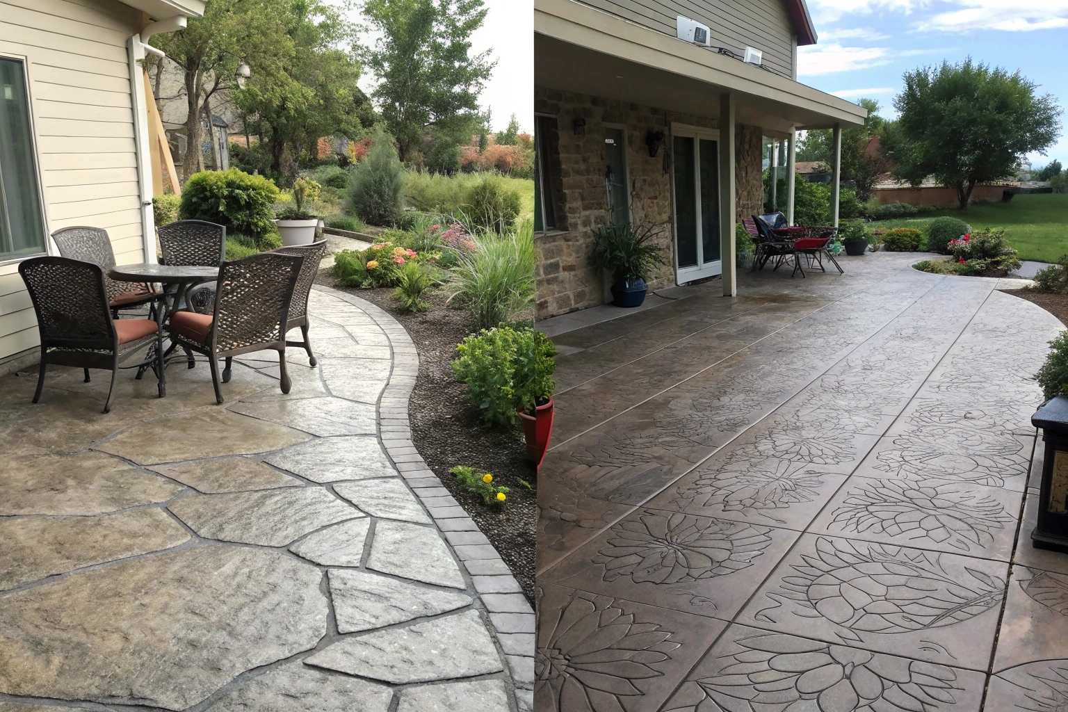Side-by-side comparison of decorative stamped concrete patterns
