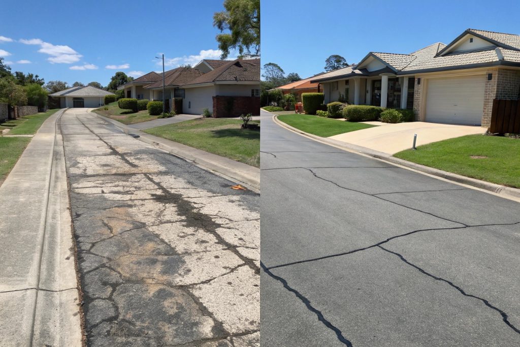 Side-by-side comparison of weathered asphalt driveway with cracks and oil stains versus new concrete driveway in Woodridge showing superior durability