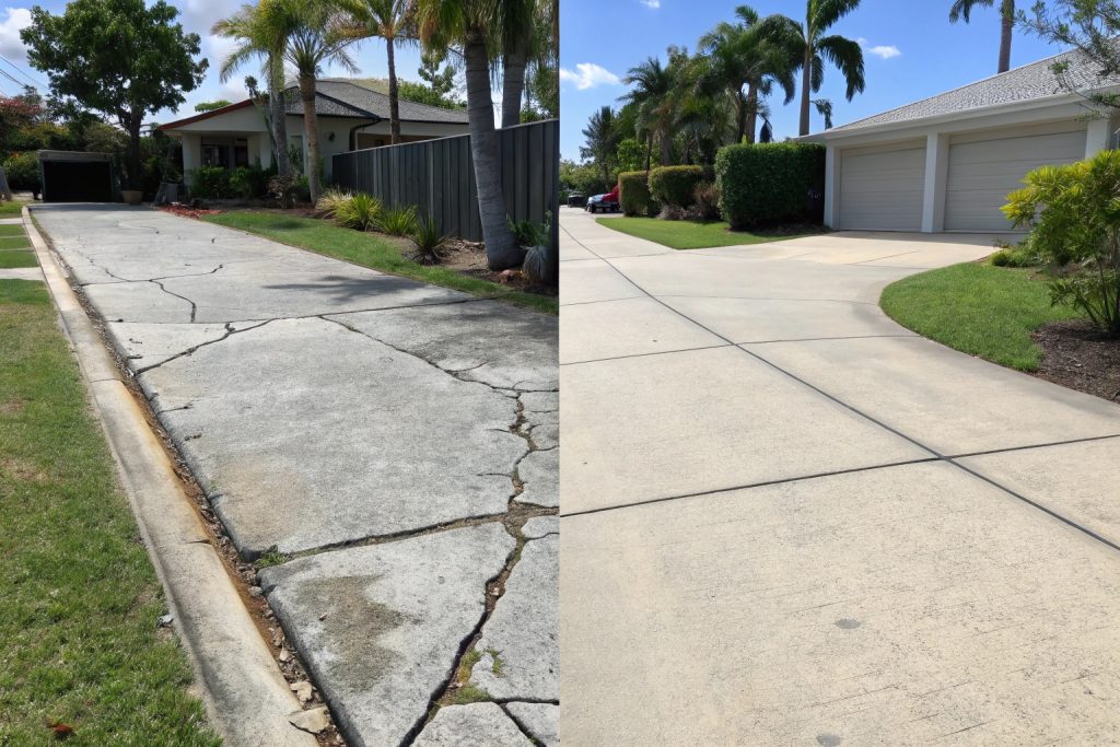 Split scene showing two concrete driveways side by side in suburban Queensland. Clear contrast between poor and professional concrete work