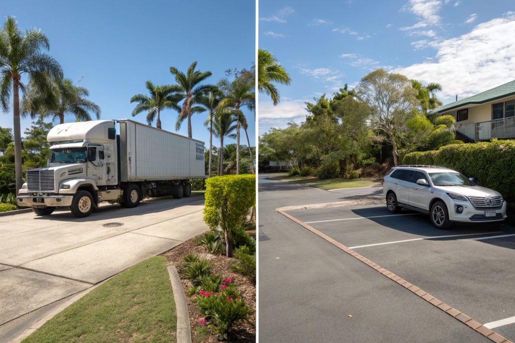 Comparison of load-bearing requirements: heavy truck on commercial concrete vs. family vehicle on residential driveway in Springwood