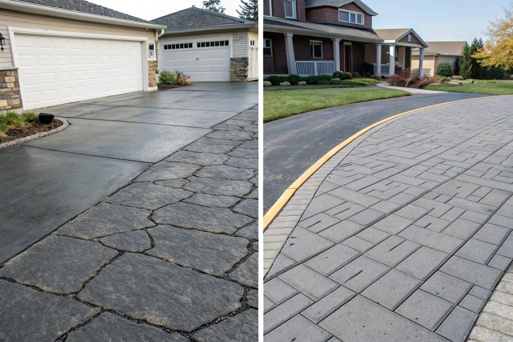 Side-by-side comparison of concrete, asphalt and paver driveways in Woodridge