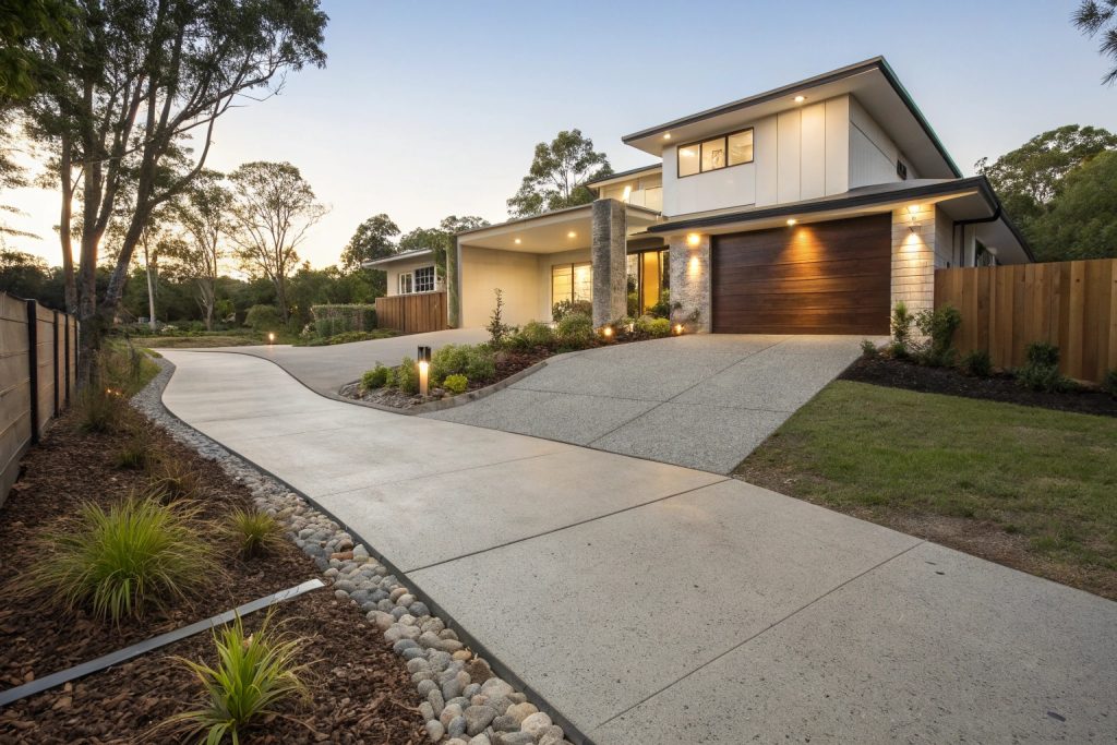 Successful concrete installation by local Woodridge contractors showing proper drainage, beautiful finish, and integration with Queensland's landscape and architecture