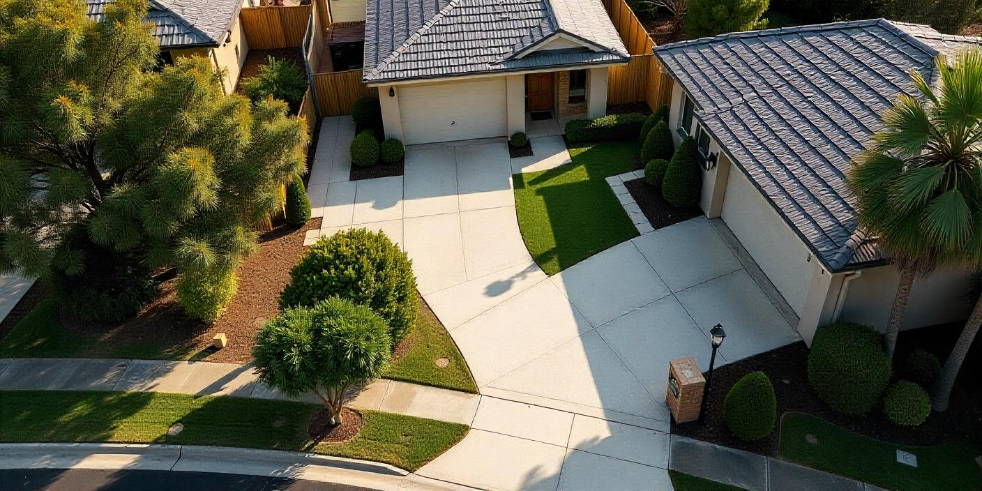 Aerial view of concrete driveways, paths and patios in a Mount Cotton neighbourhood