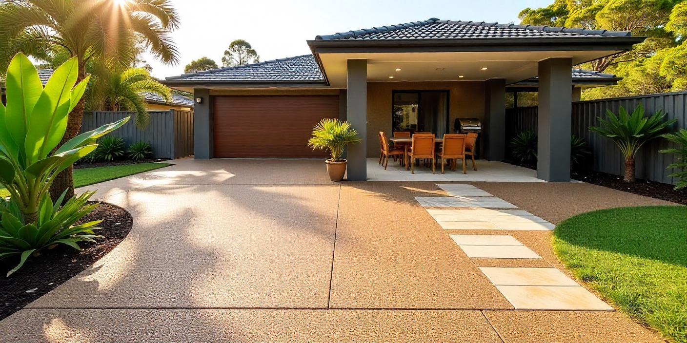 Cornubia residential concrete: exposed aggregate driveway, stamped patio and coloured pathways
