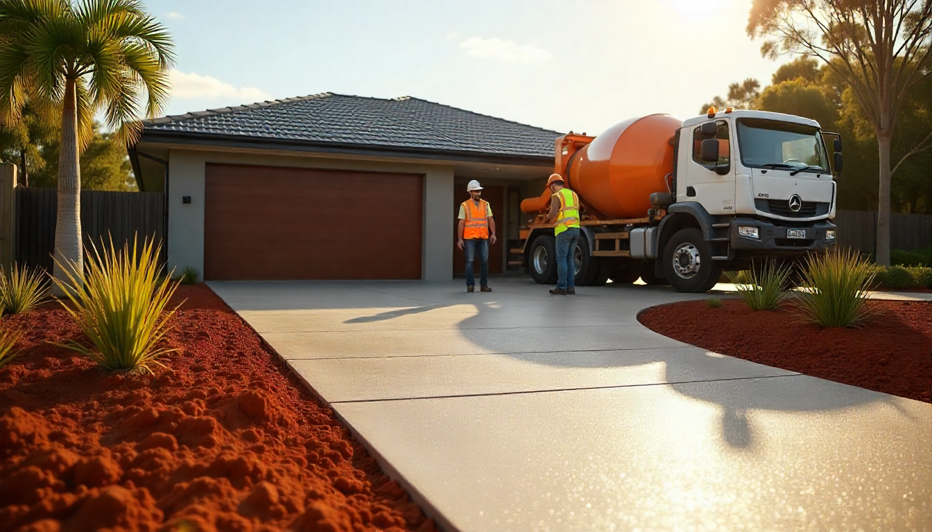 Professional concrete contractors working on a residential driveway