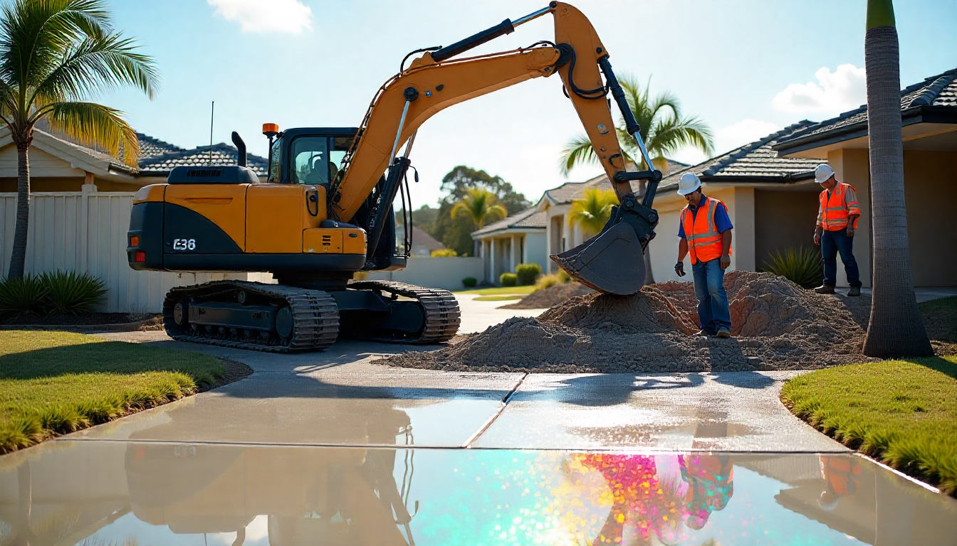 Professional concrete demolition crew using hydraulic excavator