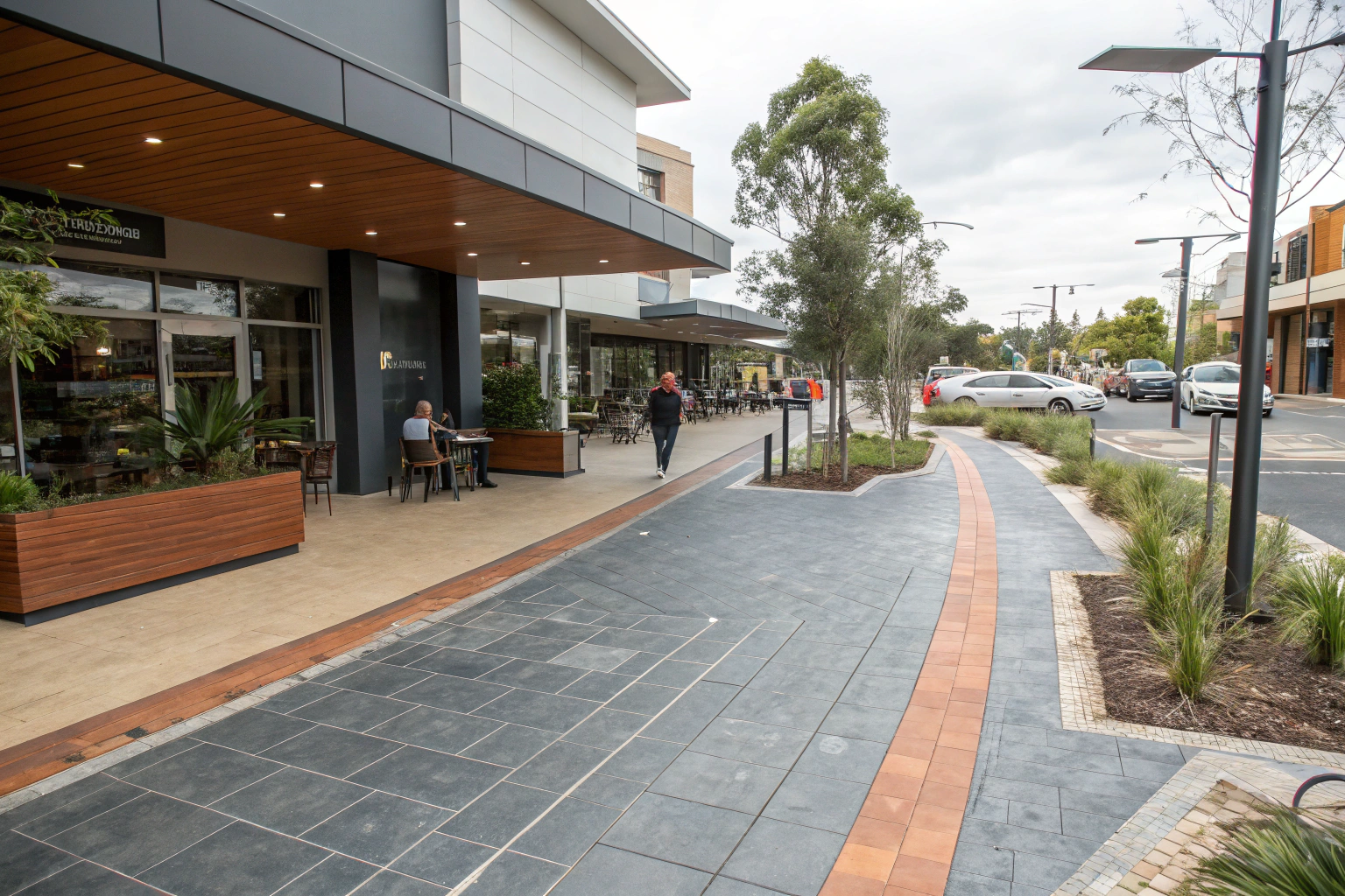 Commercial precinct with coloured concrete paving