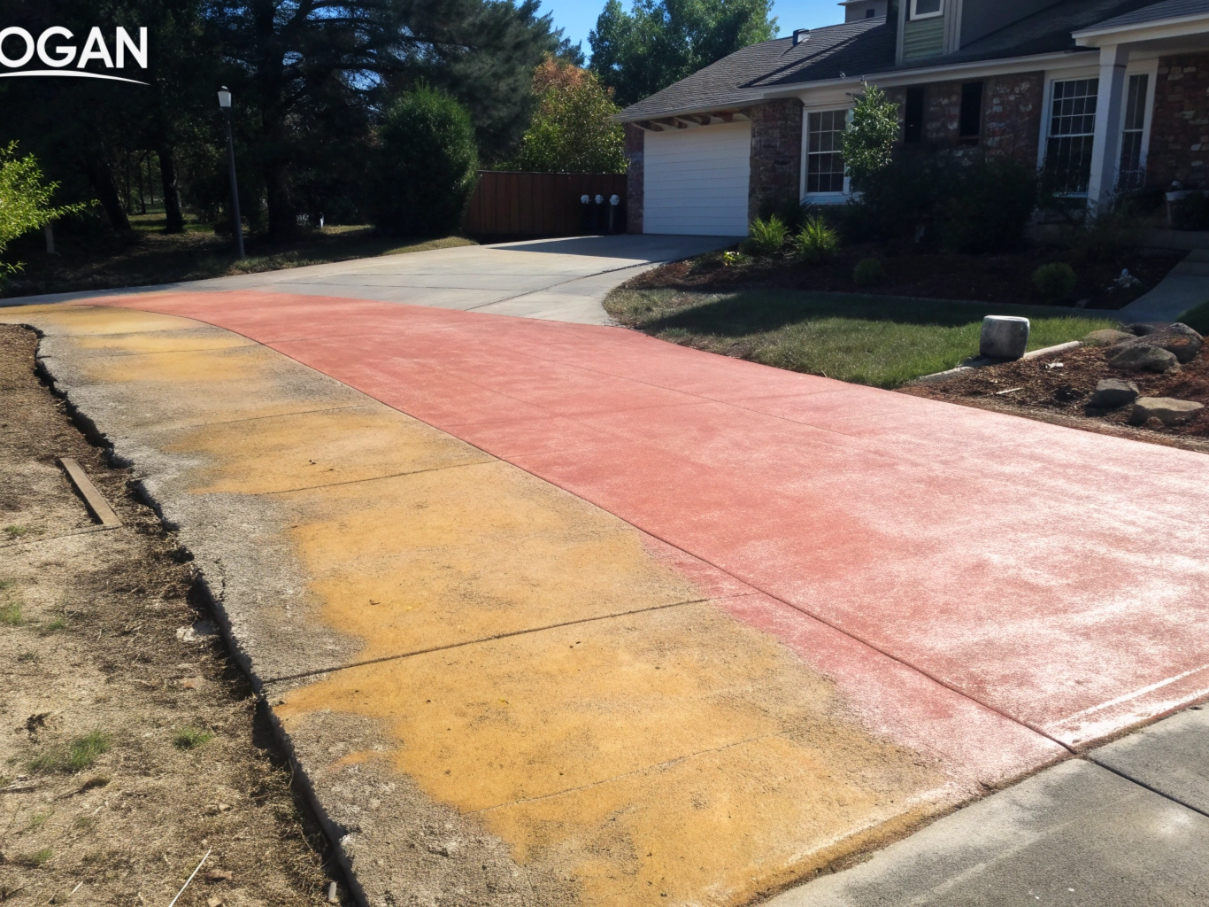 Before-and-after comparison of a resurfaced concrete driveway