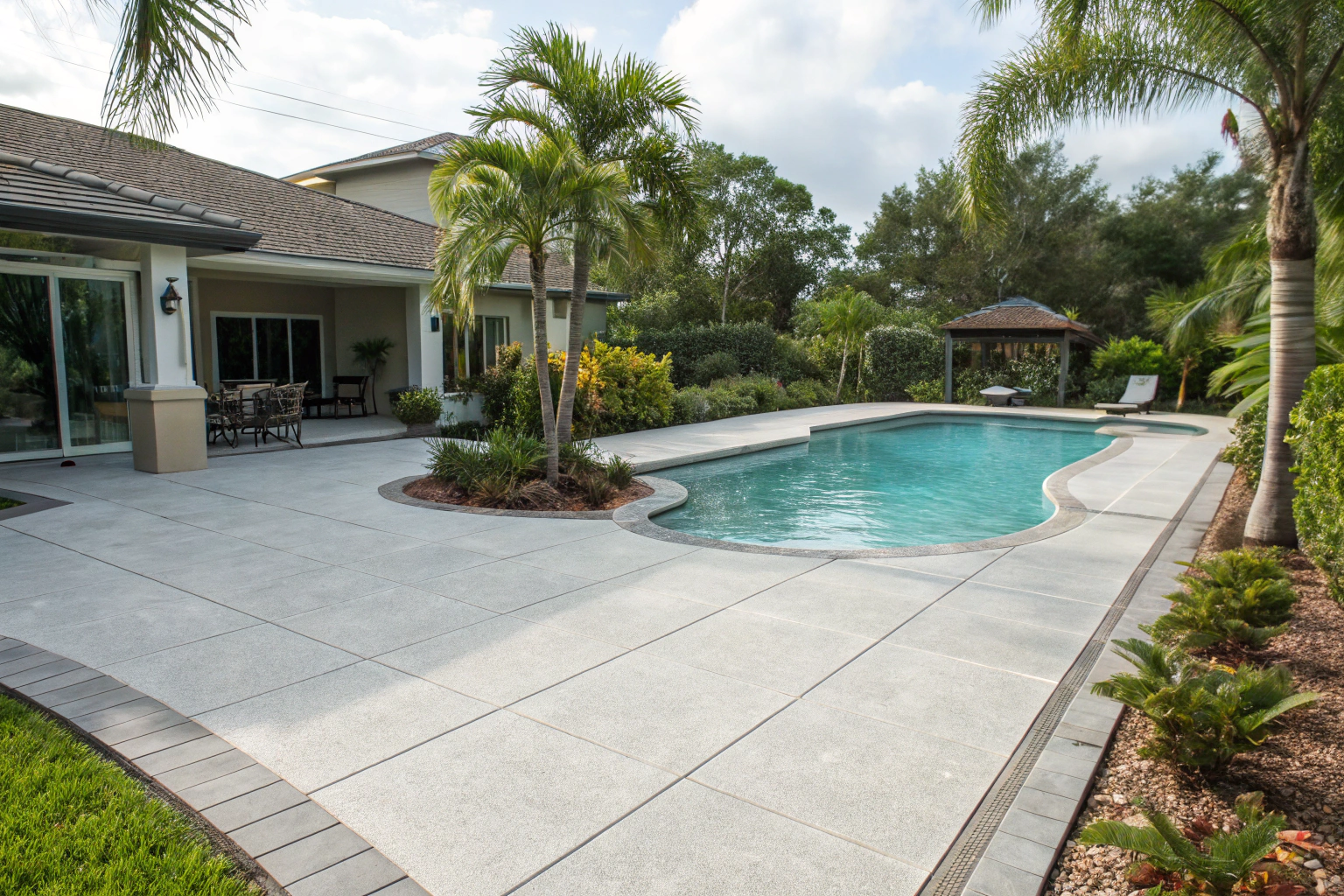 Residential pool area with a slip-resistant coloured concrete surface
