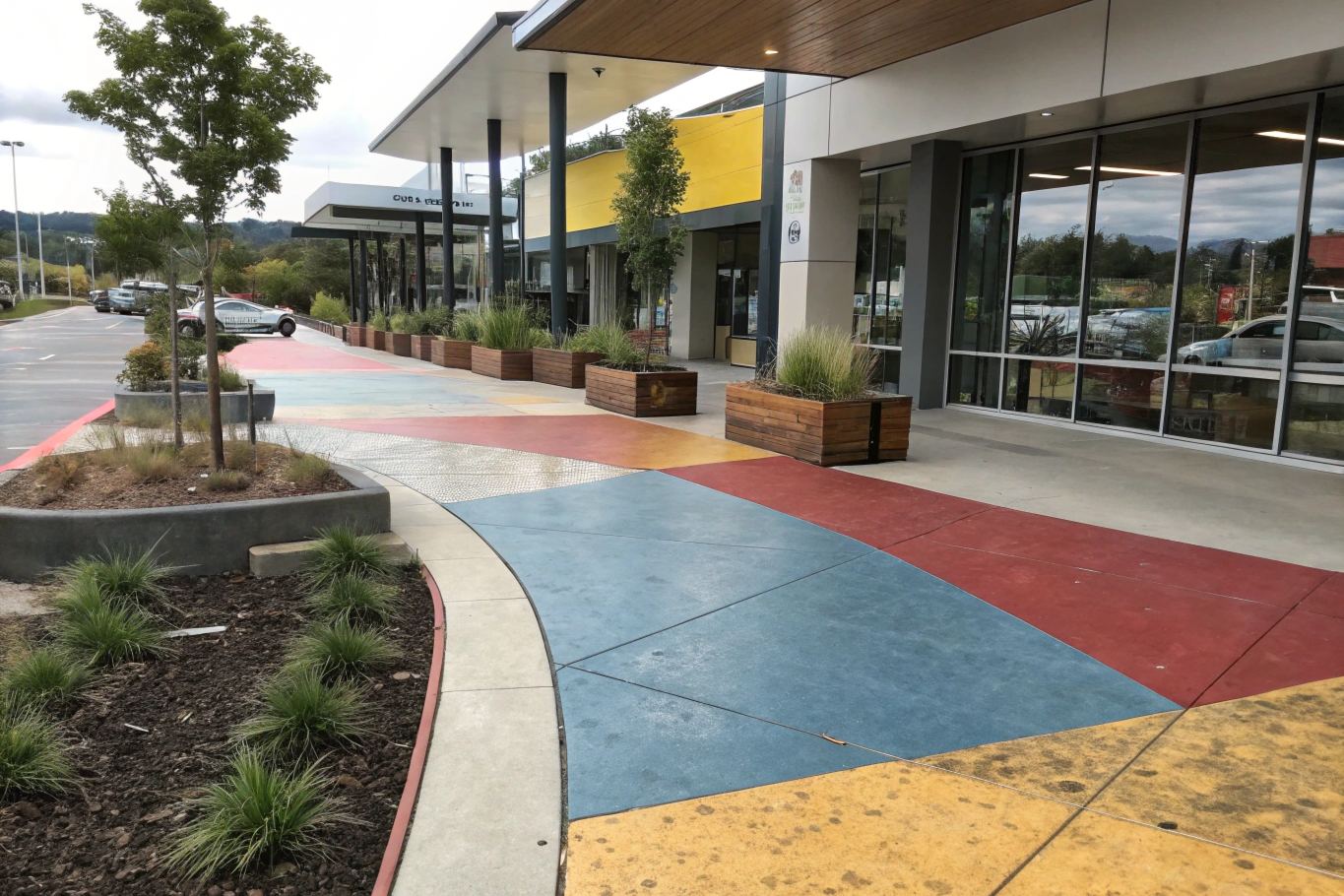 Modern commercial space featuring coloured and plain concrete paving