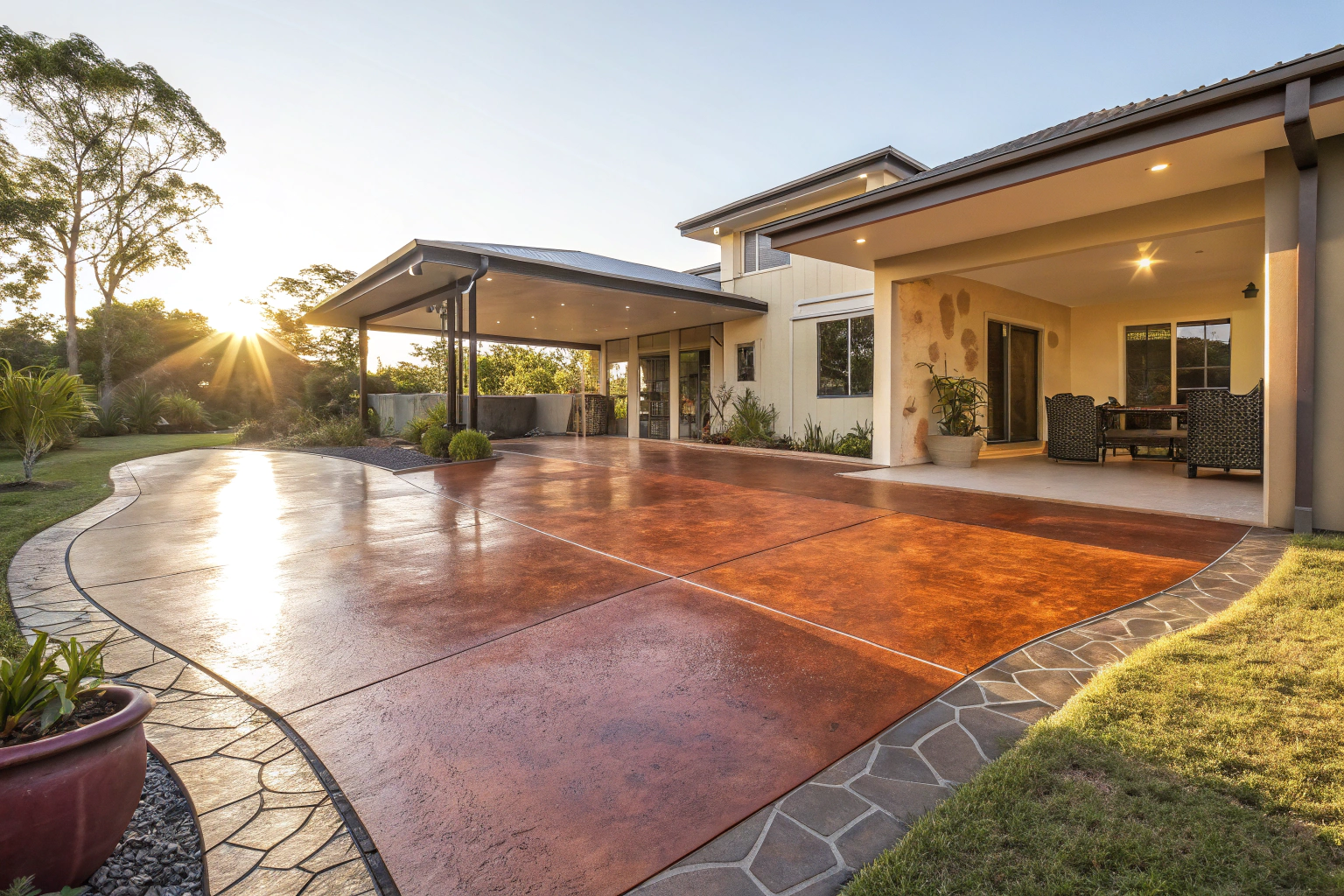 Modern home with a coloured concrete driveway