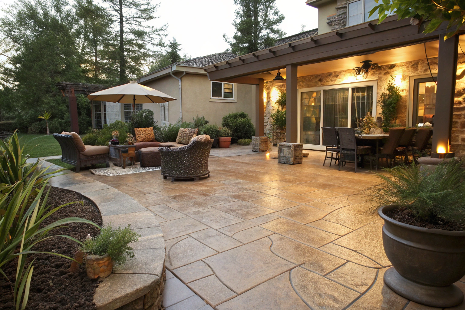 Outdoor patio with a warm sandstone-toned coloured concrete finish