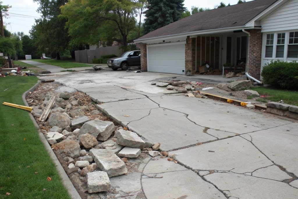 Broken concrete driveway with debris piles ready for removal in Logan