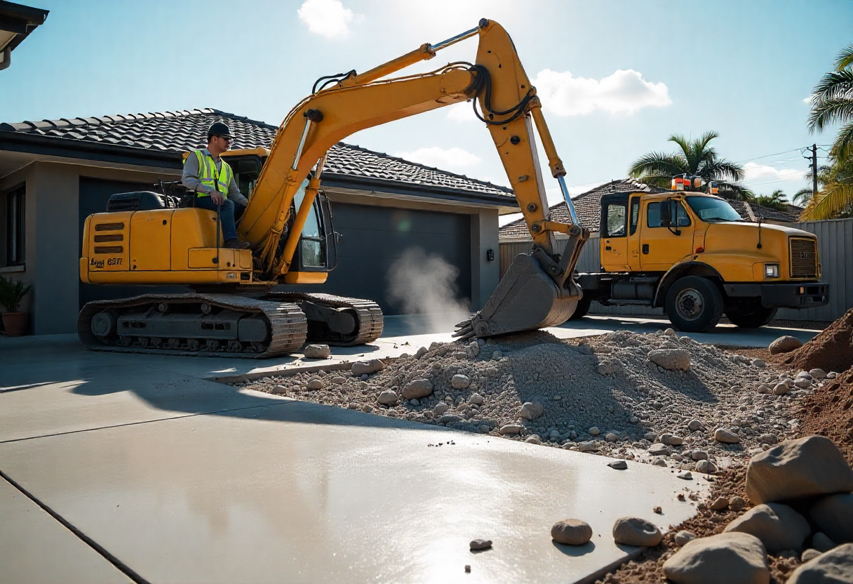 Hydraulic breaking attachment demolishing a residential concrete slab