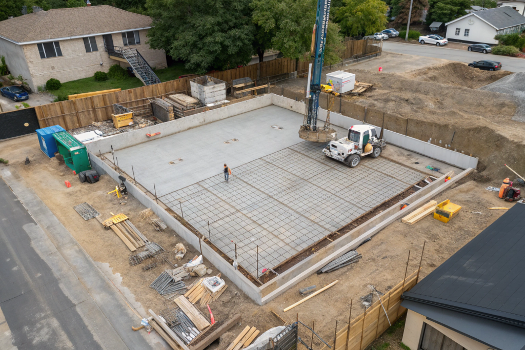 Concrete house slab poured with premix concrete in Logan